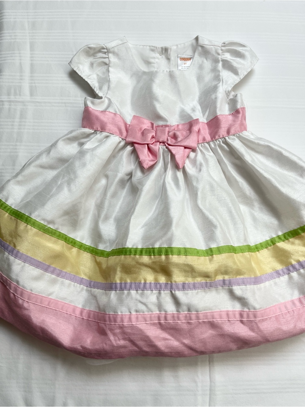 Gymboree White Satin Dress with Pink Bow and Pastel Stripes size 2 yo